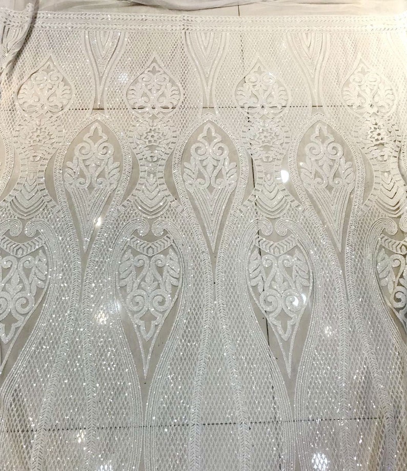 2021 White Collection Stretch Mesh Sequin Lace Fabric /Wedding Gown Dress Fabric /By The Yard 51'' Width/ Bridal Lace Veil 