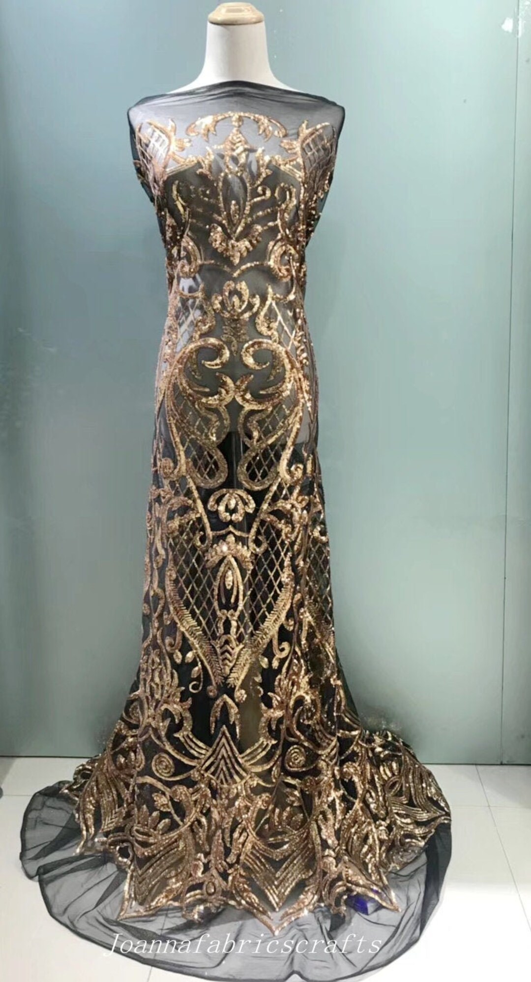 Gold Sequin Fabric Stretch Black Mesh / Embroidery Lace Fabric/ Prom ...