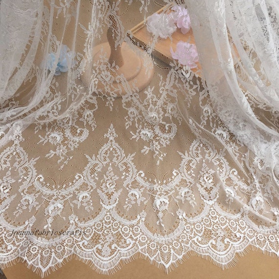 2025 White Soft Chantilly French Eyelash Stretch Lace Fabric DIY Wedding Bridal Dress 59'' Width Vintage Veil Lace