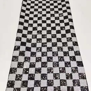 Tessuto in pizzo con paillettes bianco e nero 2025, retro in velluto, tessuto in tulle con pizzo quadrato, tessuto per abito da ballo, tagliato su misura, larghezza 51''