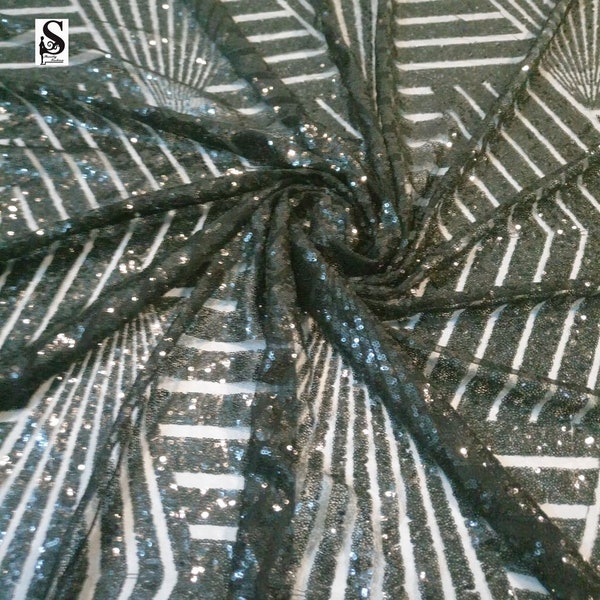 Fringe Sequins Design On A Black 4 Way Stretch Mesh Prom Fabric (1 Yard, Aqua Iridescent on White Mesh)