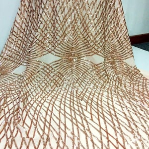 4 Way Stretch Mesh Rose Gold Sequin Lace Fabric Geometric Diamond A Prom Gown Dress Fabric By The Yard 50&#39;&#39; Width
