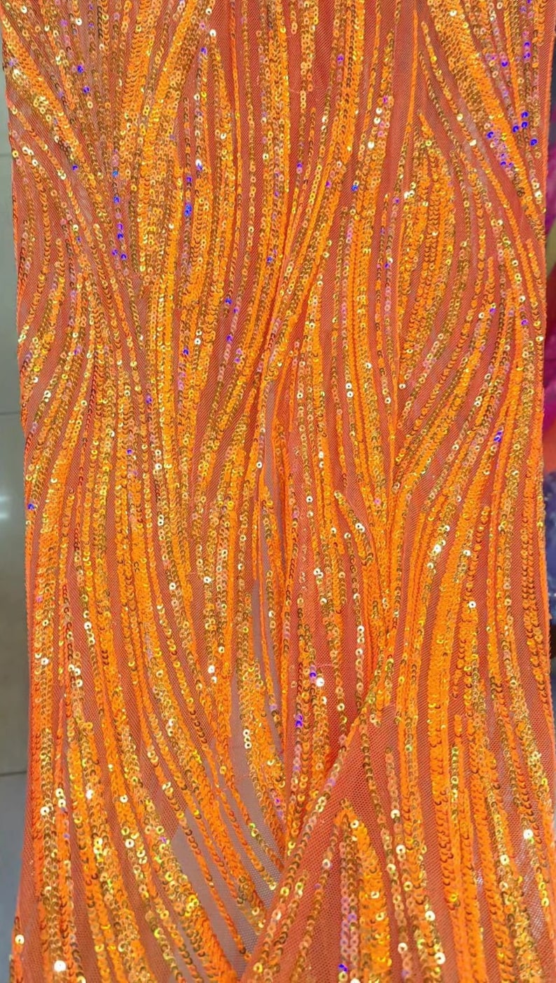 2024 Hot Orange Sequin Lace Fabric 4ways Strech Mesh Heavy Embroidery Prom Gown Dress Fabric By the Yard 50'' Width image 1