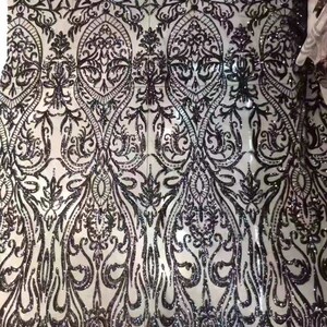 2023 Nieuwe zwarte pailletten borduurwerk lace stretch mesh galajurk jurk stof gesneden tot maat 51 &#39;&#39; breedte