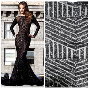 Geometric Black Sequin Lace Fabric Stretch Mesh Prom Gown Dress Fabric By The Yard 51'' Width