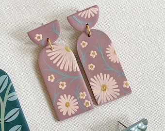 Solid Arch Dangles in Daisies & Rosewood | Pink Purple Hand-Painted Floral Polymer Clay Statement Earrings | MMCxKORIE | Gifts for Her