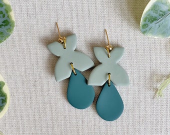 Ophelia Dangles in Light Olive & Deep Cyan | Modern Polymer Clay Statement Earrings | Gifts for Her