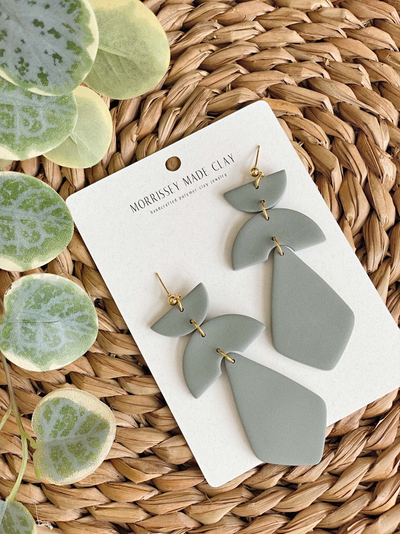 Valor Dangles in Deep Olive Modern Polymer Clay Statement Earrings Gifts for Her image 1