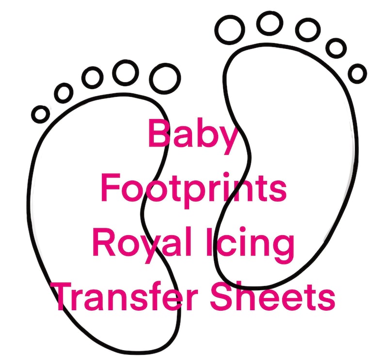 Peut inclure: Deux empreintes de pieds de b&eacute;b&eacute; en noir avec le texte "Baby Footprints Royal Icing Transfer Sheets" en rose.