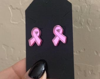 Breast Cancer Hot Pink Mirrored Acrylic Stud Earrings, rad tech, radiologic Technologist, radiology, Xray tech, skeleton, ct tech, mri tech,