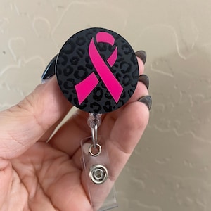 Breast Cancer Awareness Ribbon black cheetah print hot pink ribbon Badge Reel, Mammo, mammography, breast cancer awareness, hot pink, family