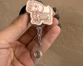 Weiner Dog Skellie Rose Gold Mirorred Badge Reel, ct tech, computed tomography, cat scan, radiologic Technologist,  humor, sugar skull