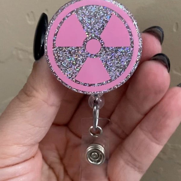 Pink Radiation Symbol  w/silver glitter Badge Reel, ct tech, computed tomography, radiologic Technologist, radiology