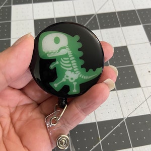 Rad-Osaurus Green/Black Badge Reel, rad tech, skeleton, radiologic technologist, radiology