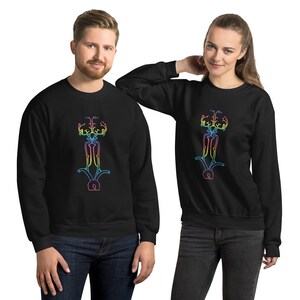 May include: Two people wearing black sweatshirts with a rainbow coloured design of a stylised human figure. The design is outlined in rainbow colours.