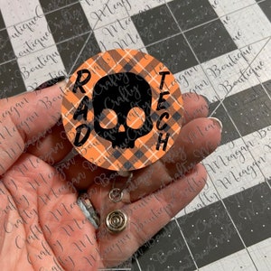 Rad Tech Skull Badge Reel, skeleton, rad tech, radiologic technologist, radiology, Xray tech, orange plaid, hello fall, skeleton, Halloween