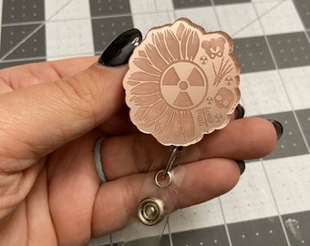 Radiology Sunflower Rose Gold Badge Reel, Xray tech, ct tech, radiology , radiologic Technologist,  humor, skull, skeleton