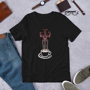 May include: Black t-shirt with a red and white graphic of a brain shaped like a coffee cup with steam rising from it.