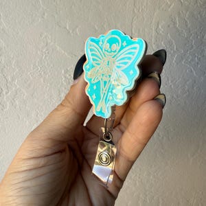 Skellie Fairy Holographic Badge Reel, ct tech, computed tomography, cat scan, radiologic Technologist,  humor, sugar skull