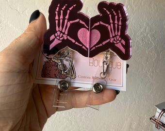 Best Friends hot pink mirrored Badge Reels, Xray tech, ct tech, radiology , radiologic Technologist,  humor, skull, skeleton,