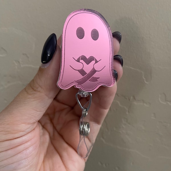 Mammo Ghost hot pink mirrored Badge Reel, Xray tech, ct tech, radiology , radiologic Technologist,  humor, Halloween, boo