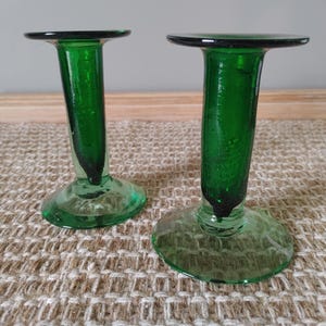 Pair of Vintage Hand Made Solid Glass Green Trumpet Tapered Candlestick Holders/Bud vases