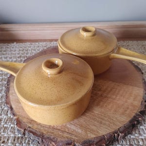 May include: Two round, mustard-yellow ceramic pots with matching lids and single side handles. Each pot features a speckled finish throughout the surface, a smooth glazed texture, and a small knob on the center of the lid for easy removal.