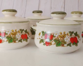 Vintage Strawberry Casserole Dishes with Lid, Oven Proof Japan, Set of 4