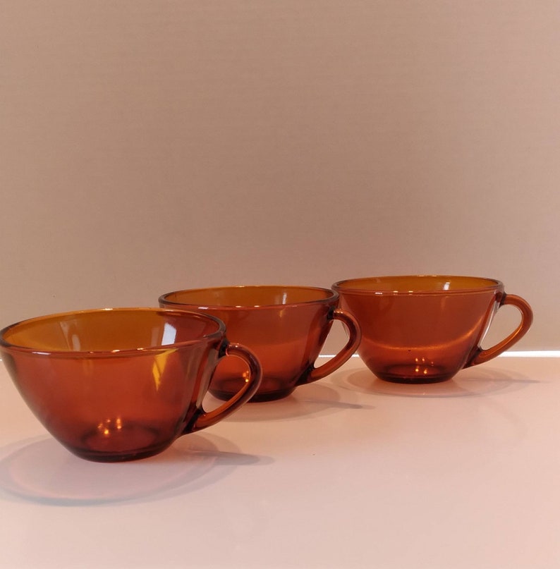 Set of 3 Vintage Amber Glass Tea Cups