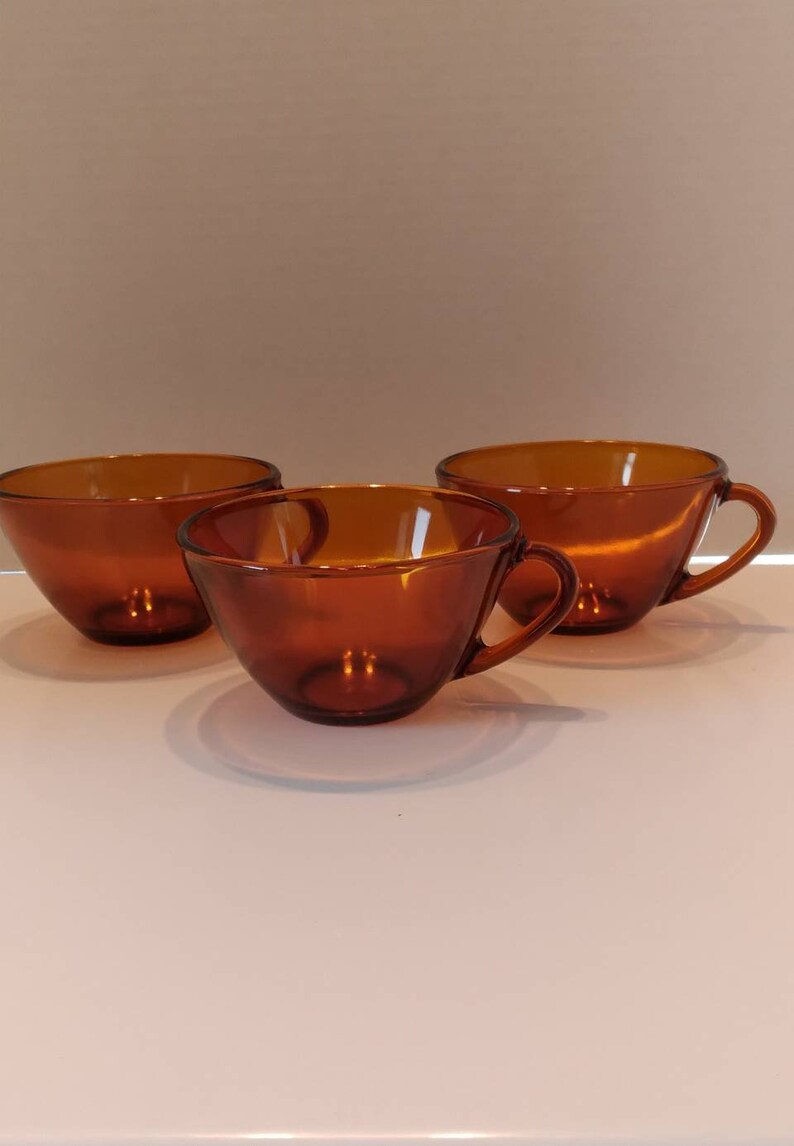 Set of 3 Vintage Amber Glass Tea Cups