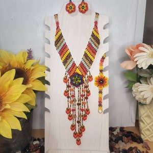 Mexican Handcrafted Maxi Necklace, bracelet and earrings set Huichol flowers strips multicolors Handpainted beads Boho Hippie Mexican Artisa