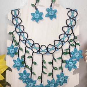 Mexican Handcrafted Maxi Necklace and earrings set Huichol flowers multicolors Handpainted beads Boho Hippie Mexican Artisan