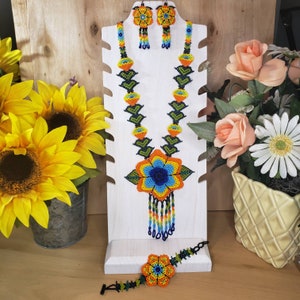 Mexican Handcrafted Maxi Necklace, bracelet and earrings set Huichol flowers Handpainted beads Boho Hippie