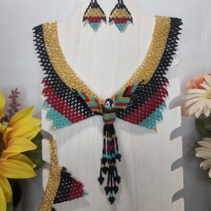 Colibrí Mexican Handcrafted Maxi Necklace, humming bird bracelet and earrings set Huichol geometric shapes Handpainted beads Boho Hippie