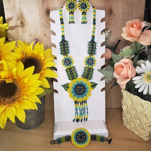 Mexican Handcrafted Maxi Necklace, bracelet and earrings set Huichol flowers Handpainted beads Boho Hippie