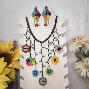 Mexican Handcrafted Maxi Necklace and earrings set Huichol flowers yellow multicolors Handpainted beads Boho Hippie Mexican Artisan