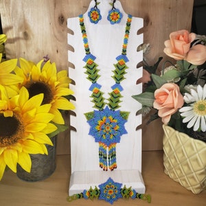 Mexican Handcrafted Maxi Necklace, bracelet and earrings set Huichol flowers Handpainted beads Boho Hippie