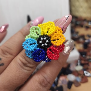 Handcrafted Huichol Ring flowers multicolors hand made by Mexican Artisans in Mexico Boho Hippy One Size