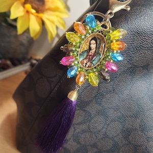 Large Virgin of Guadalupe and Sacred Heart of Jesus double-sided keychain.  14k gold plated.  and Czech glass, handmade in Mexico.