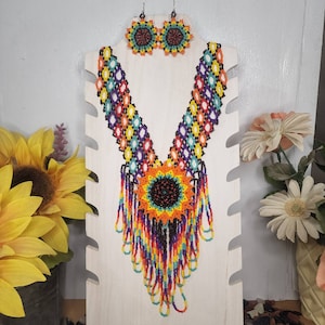 Mexican Handcrafted Maxi Necklace and earrings set Huichol flowers sunflower multicolor Handpainted beads Boho Hippie Mexican Artisan