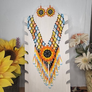 Mexican Handcrafted Maxi Necklace and earrings set Huichol flowers sunflower multicolor Handpainted beads Boho Hippie Mexican Artisan