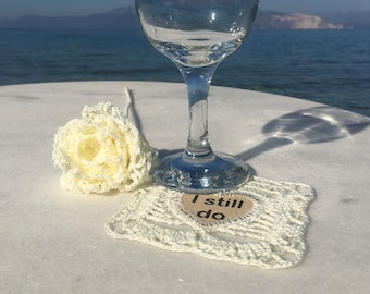 Crochet Ivory Anniversary Coasters, "I Still Do" Linen Heart, 14th Anniversary Gift