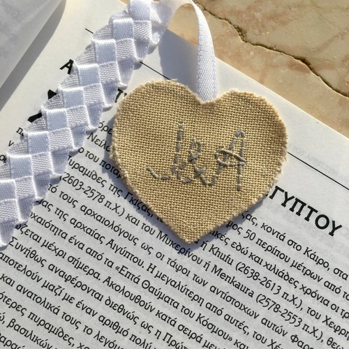 Personalized Linen Anniversary Bookmark: Silk Ribbon Heart, 4th/12th Year Gift
