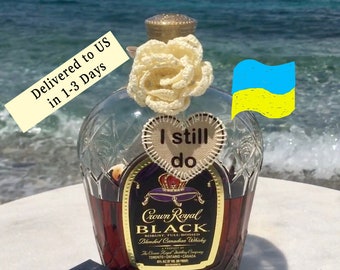 Crochet Ivory Rose Whiskey Bottle Decoration, 14th Anniversary Gift