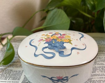 Vintage Porcelain Oblong Trinket Box Blue Pink Yellow Orange Floral Gold Trim