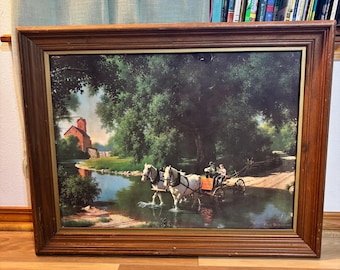 Vintage Paul Detlefsen The Big Moment Print Horse River Barn FRAMED 28” x 22.25”