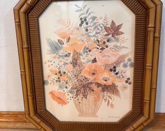VTG 1981 Gloria Eriksen Floral Art Signed Lithograph Faux Bamboo Frame 21"x17"