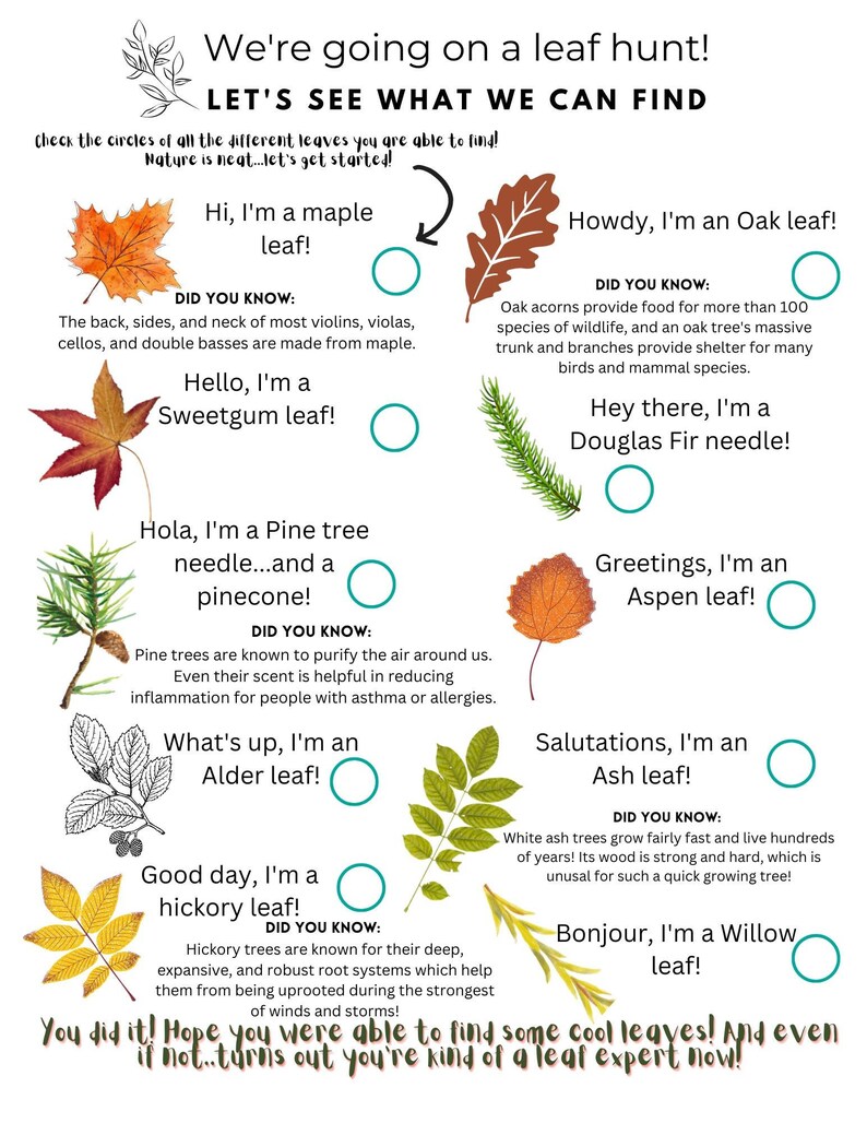 Leaf Scavenger Hunt, INSTANT PRINT, Outdoor Kids Activity Outdoor Ideas ...