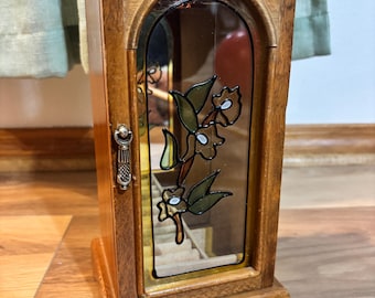 Vintage Centurion Wooden Jewelry Box with Stained Glass Floral Door & Mirror Inside