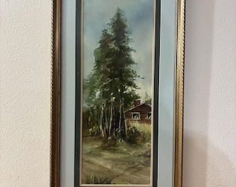 Vintage Hand Painted  Pine Tree- Art “Lonesome Pine”- Forest Decor- Vertical Painting- FRAMED